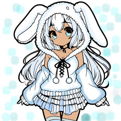 pretty anime girl wearing a fluffy hoodie with bunny ears on the hood and a skirt