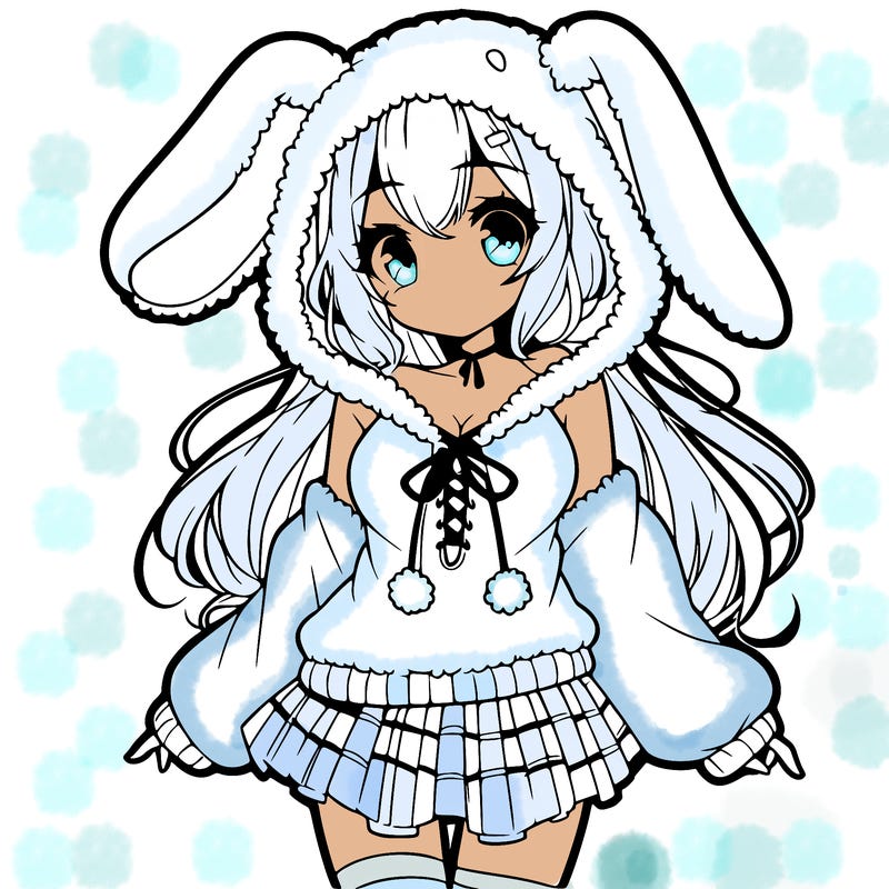 pretty anime girl wearing a fluffy hoodie with bunny ears on the hood and a skirt