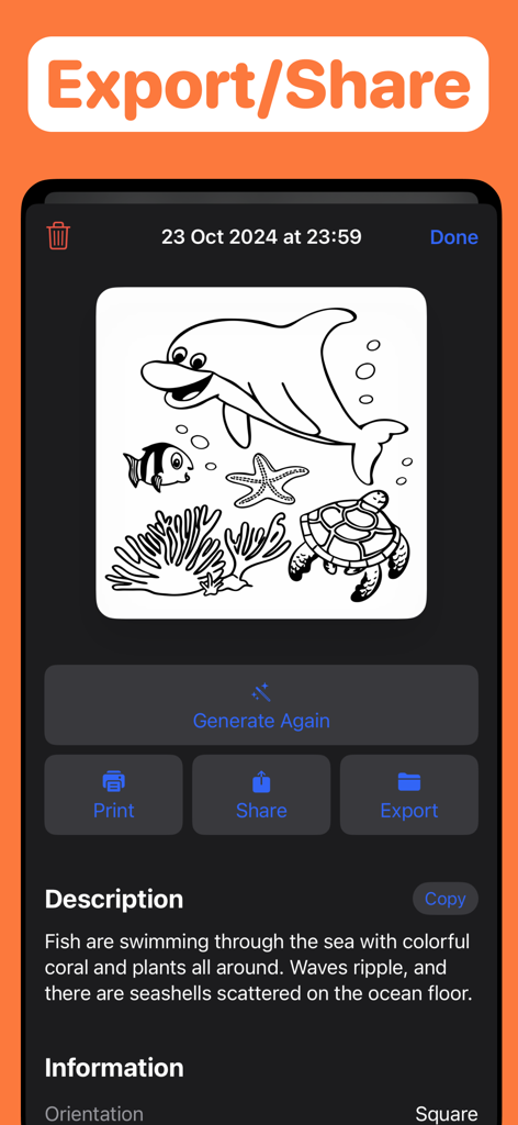 Coloring Page Generator AI - Interface of the Coloring Page Generator AI app showing an ocean themed coloring page with options to print share or export