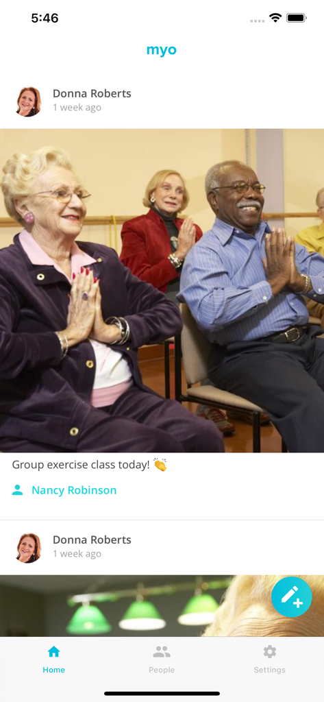 myo - Mobile app interface showing a social feed post with seniors participating in a group exercise class at a care facility