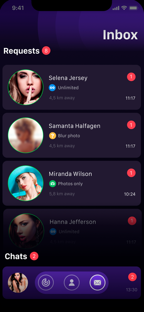 A mobile screen showing the inbox with message requests from nearby dating profiles on the Flirt Chat app.