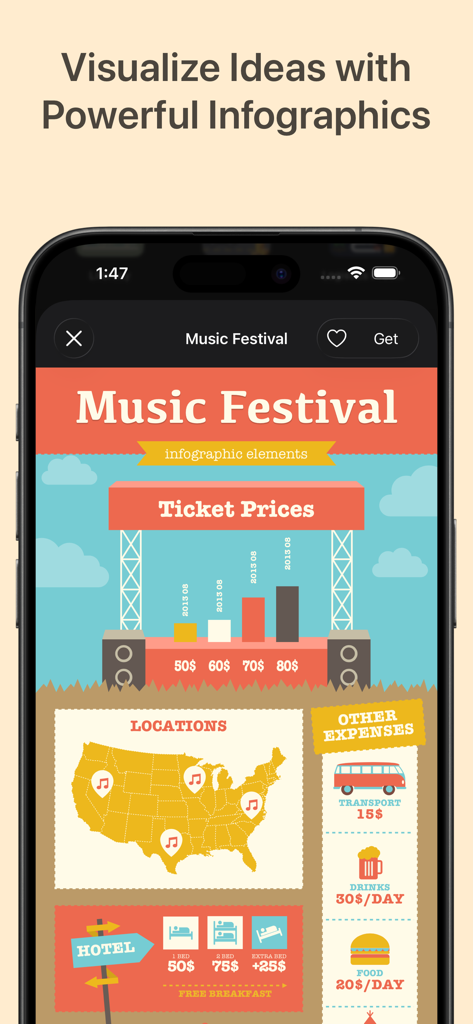 Plantilla de infografía de festival de música con gráficos y mapas para Google Slides