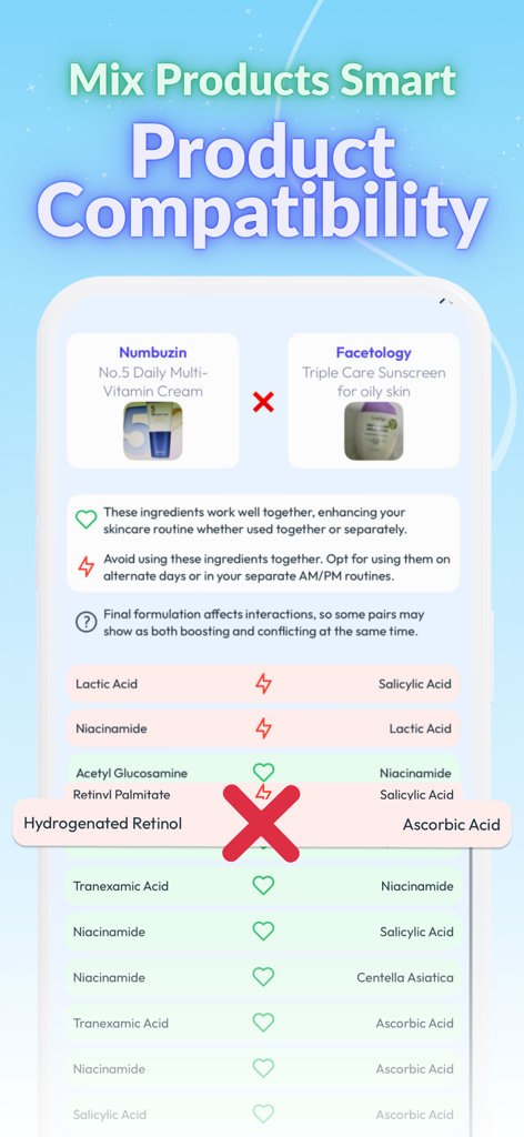 Skin Bliss: Skincare Routines - A screenshot of the Skin Bliss app showing the Product Compatibility feature which analyzes if different skincare ingredients can be used together safely.