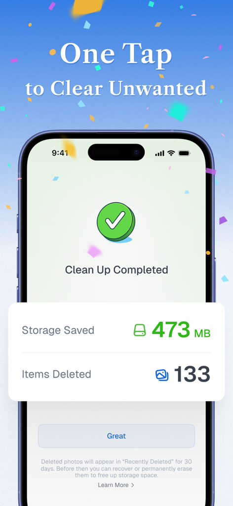True Cleaner - Cleanup Storage - Interface de l'application True Cleaner montrant un nettoyage de stockage terminé avec 473 Mo économisés.