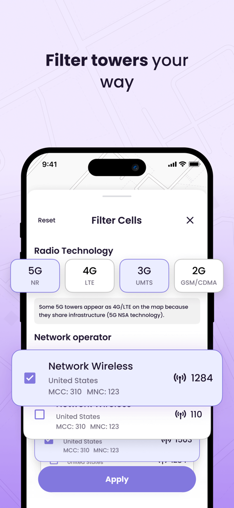 무선 기술 및 네트워크 운영자별 셀 타워 필터링을 위한 모바일 앱 인터페이스