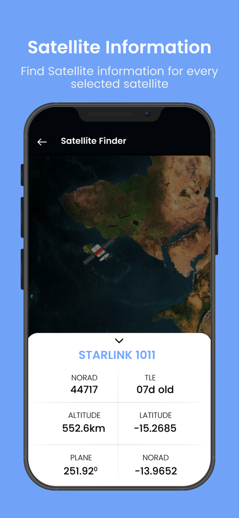 Starlink ISS Satellite Tracker - Schermata dell'app mobile che mostra dati di tracciamento tecnici per Starlink 1011 inclusi altitudine, latitudine e posizione sulla mappa.