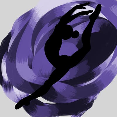 gymnast doing a leap in a leotard with a bent back leg