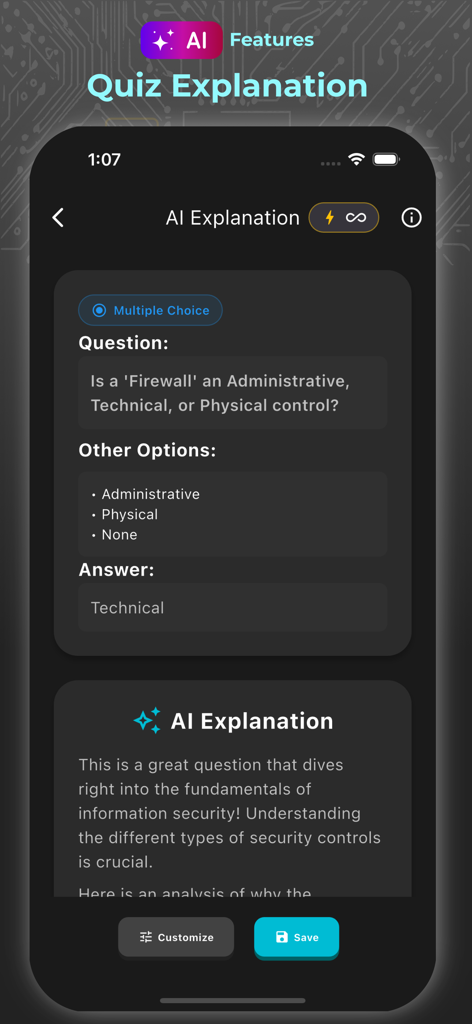 Cybersecurity Quiz App - Cybersecurity Quiz App interface displaying an AI-powered explanation for a technical security question.