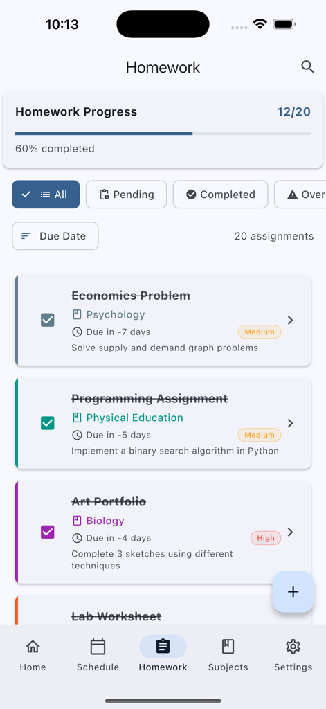 Chool - School Timetable - Homework tracker interface in the Chool app showing assignment progress and color coded tasks