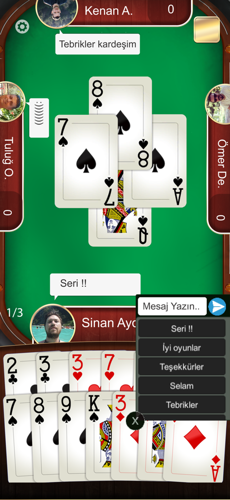 A screenshot of Batak Online mobile card game showing a multiplayer match with real-time Turkish chat bubbles and traditional gameplay.