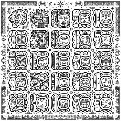 Immerse yourself in the rich history of the Maya with this captivating coloring page featuring intricate glyphs. Designed specifically for seniors, it offers clear lines and engaging patterns for a stimulating and relaxing artistic activity.