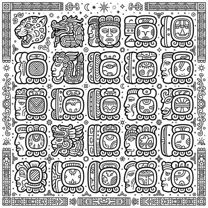 Immerse yourself in the rich history of the Maya with this captivating coloring page featuring intricate glyphs. Designed specifically for seniors, it offers clear lines and engaging patterns for a stimulating and relaxing artistic activity.