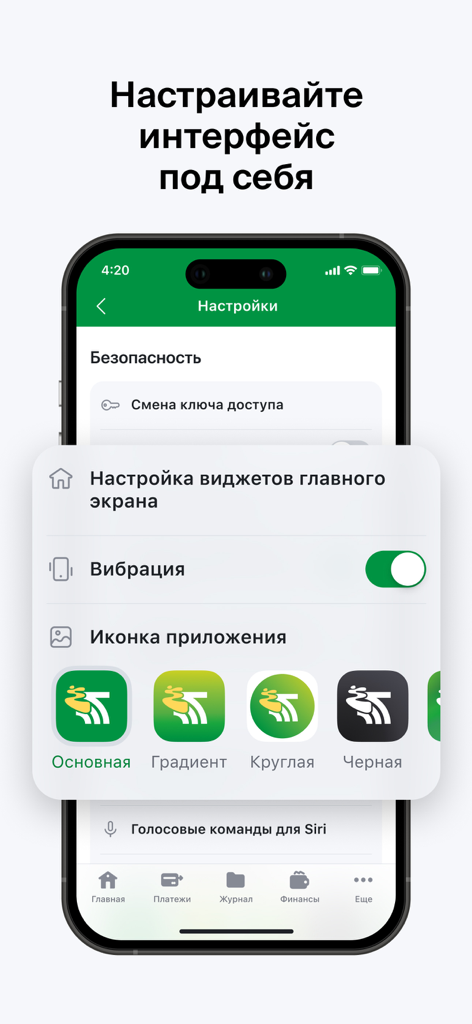 Schermata delle impostazioni di personalizzazione dell'interfaccia dell'app M-Belarusbank che mostra le opzioni dell'icona dell'app