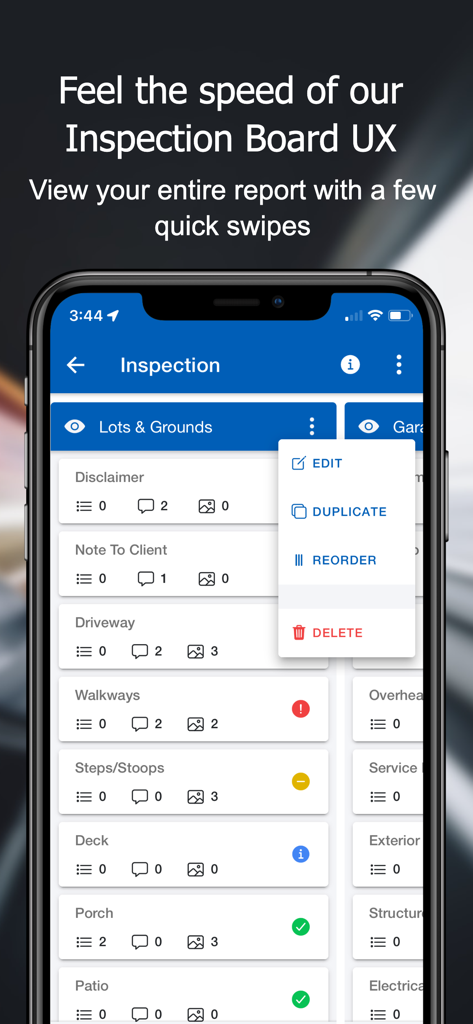 Inspector Toolbelt mobile app interface showing the Inspection Board with a list of inspection items and edit menu
