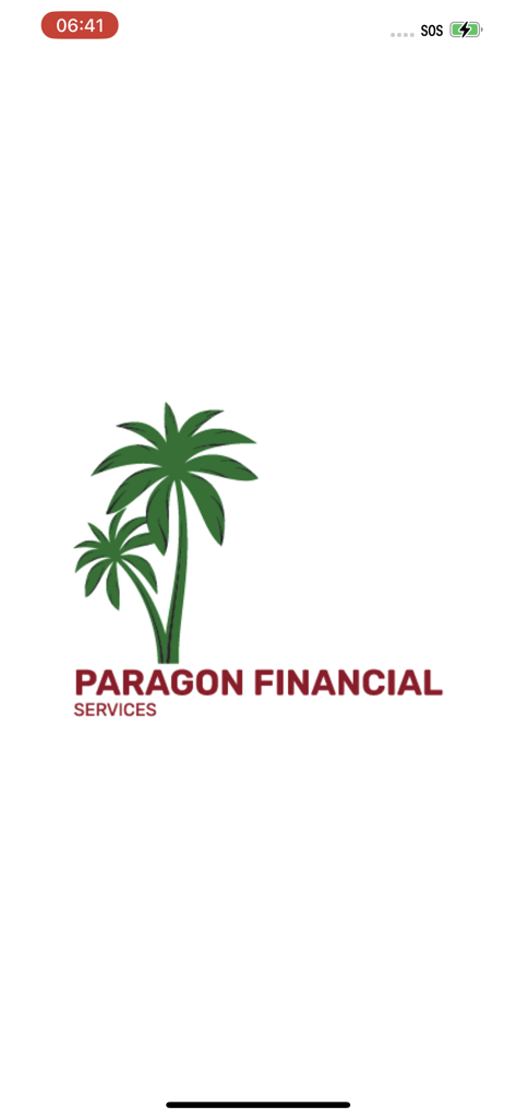 Tela de apresentação do aplicativo Paragon Financial Services com o logotipo de palmeiras