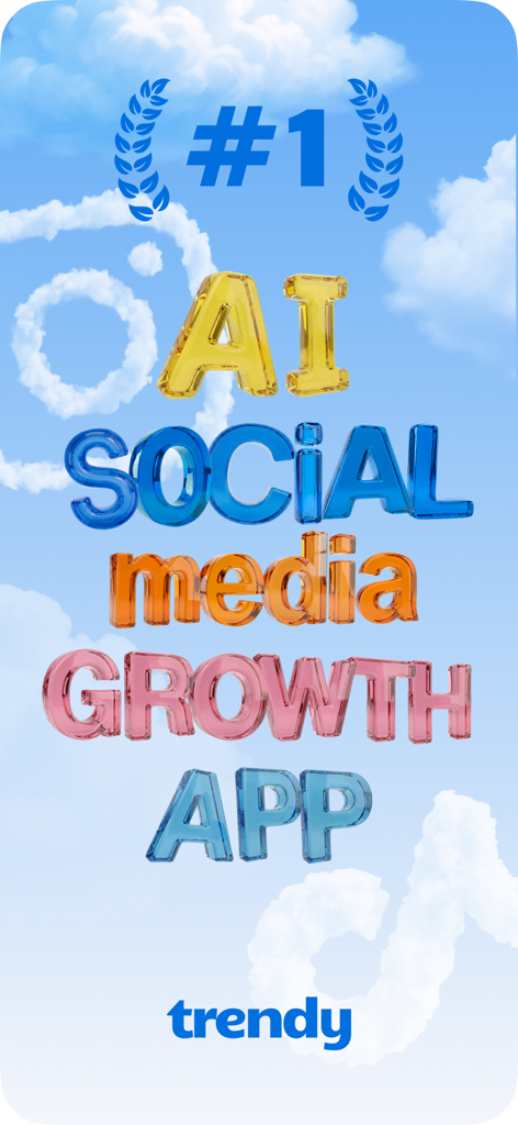 Trendy Profile Tracker & Boost - 空の背景にカラフルな3DテキストでTrendyのナンバーワンAIソーシャルメディア成長アプリのプロモーショングラフィック
