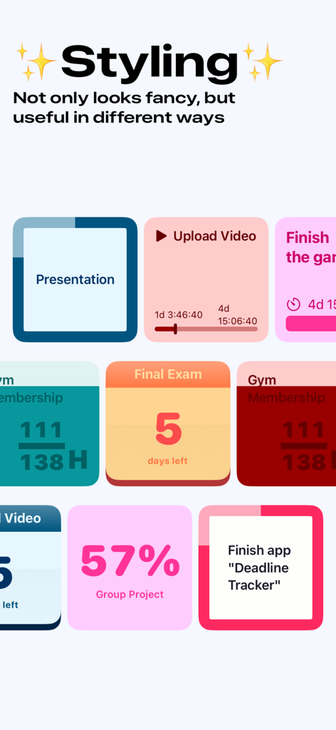 Deadline Tracker - A collection of colorful and aesthetically pleasing deadline tracking widgets showing various task progress and countdown styles.