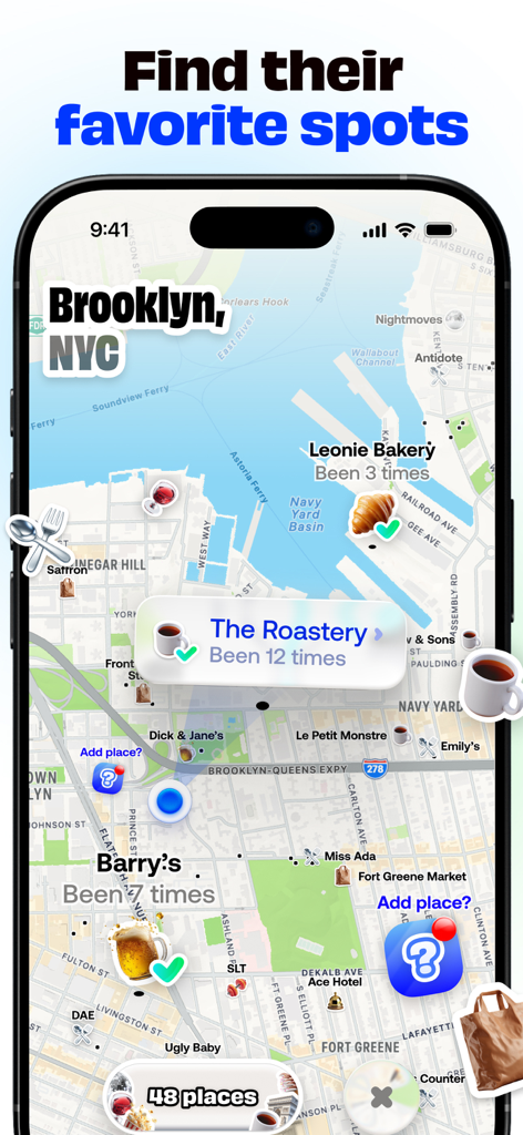 A map of Brooklyn in the Bump app displaying favorite locations like coffee shops and bars with friend visit counts and expressive stickers.