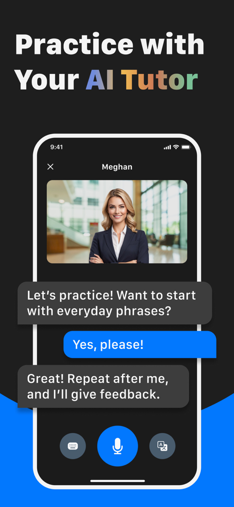 Lingua : AI English Learning - Interfaz de la aplicación Lingua mostrando una conversación con un tutor profesional de IA para practicar el habla en inglés