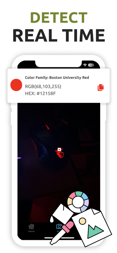 Smartphone app screen showing real time color detection with RGB and HEX codes using the camera