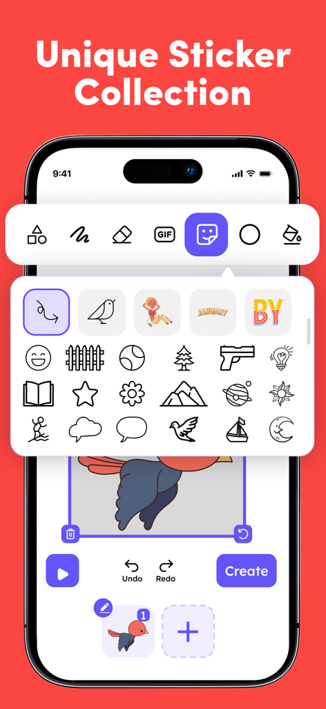 Sticker library and editing interface in the Draw Animation Anime Maker app
