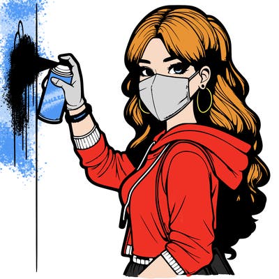 realistic girl with mask spray painting a wall
