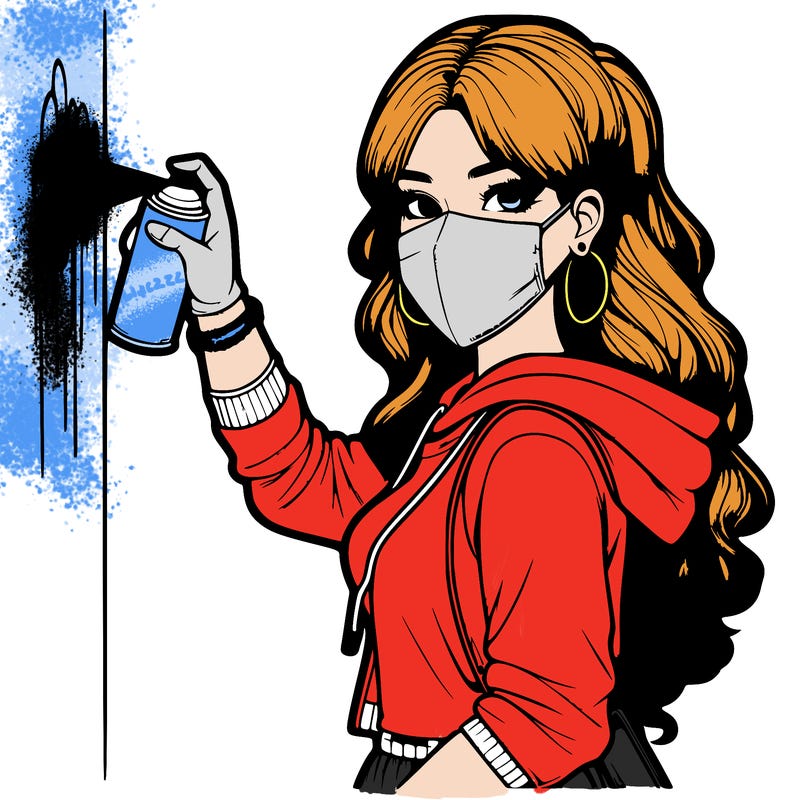 realistic girl with mask spray painting a wall
