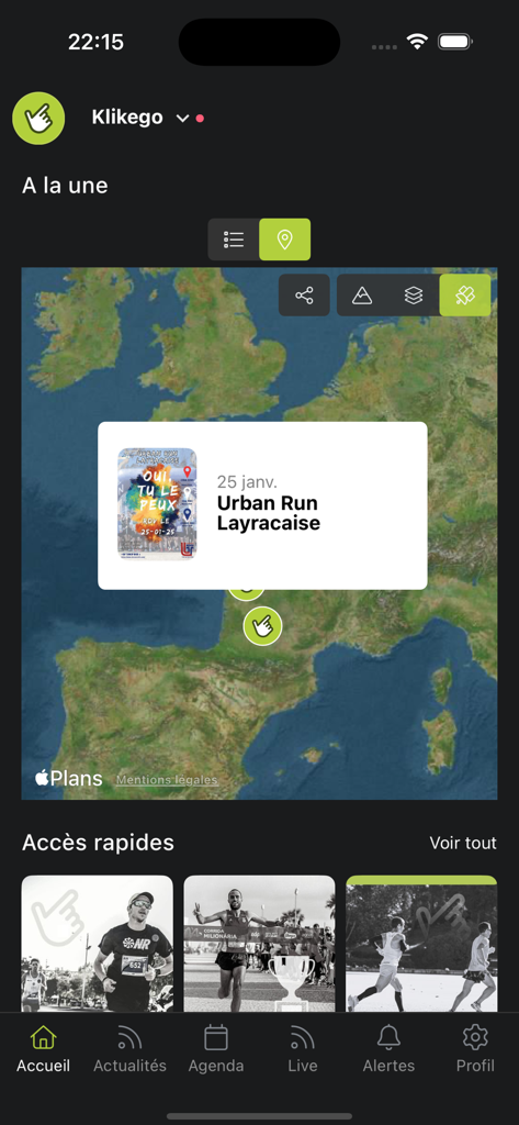 Klikego - Klikego mobile app home screen showing a map of upcoming sports events and quick access features