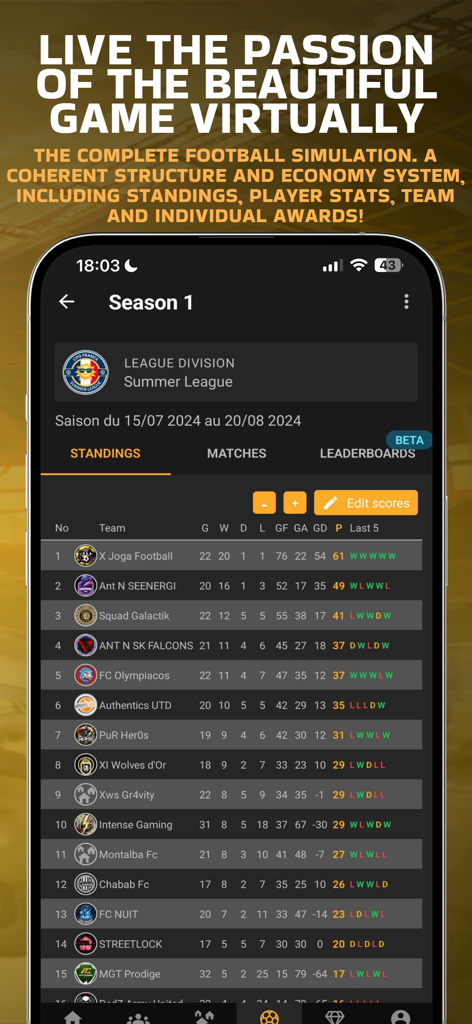 Tabla de clasificaciones de liga de fútbol en la aplicación CPG mostrando clasificaciones y estadísticas de equipos