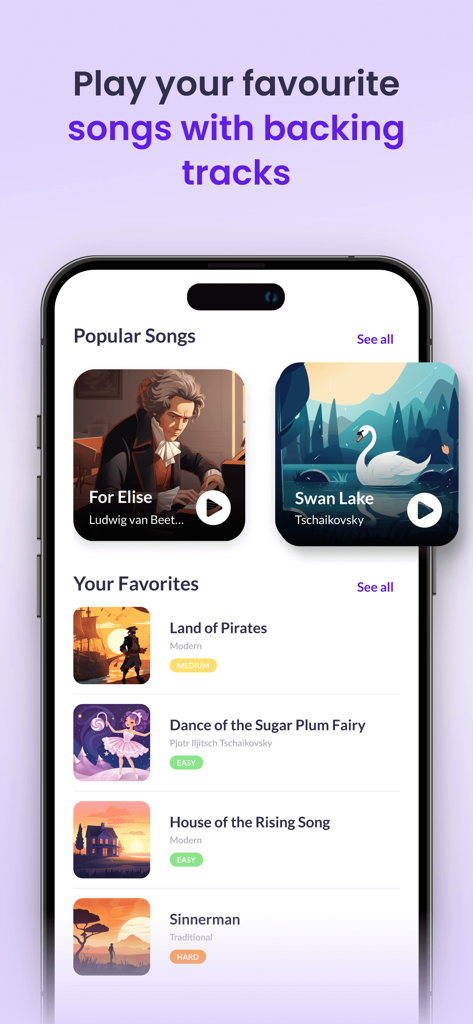 tonestro - Music Lessons - Interface of tonestro app showing a collection of popular and favorite songs to play with backing tracks.