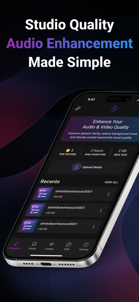 AIVoicer mobile app interface showcasing studio quality audio and video enhancement features
