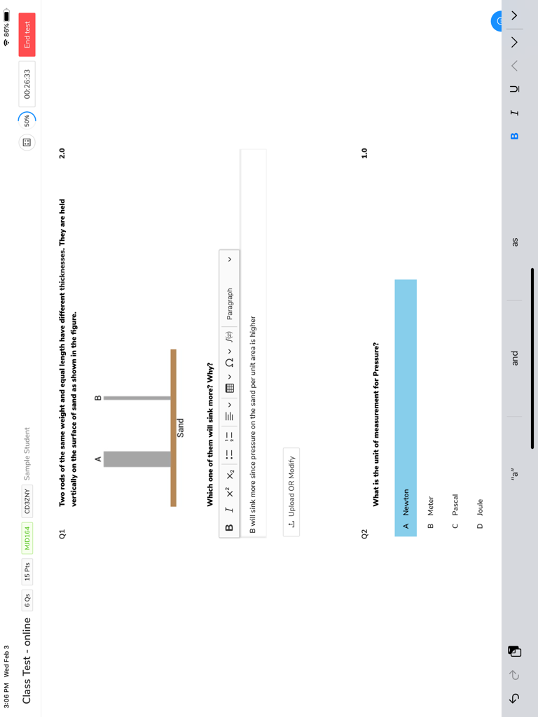 AssessPrep iPad 앱 인터페이스에서 과학 시험을 보는 학생