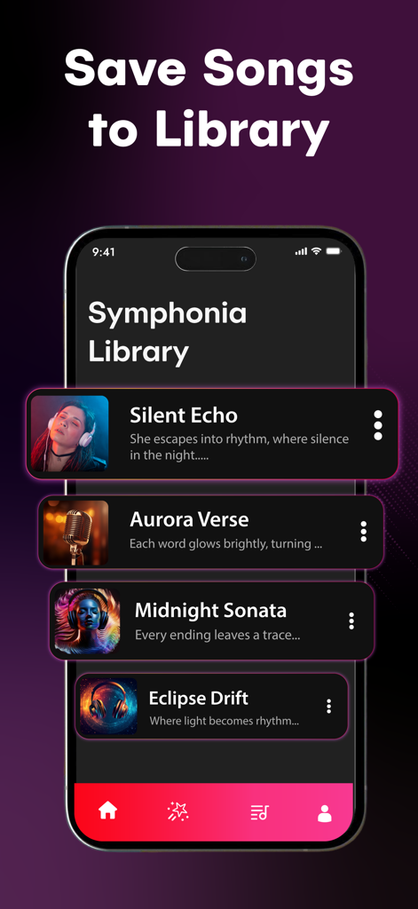 SUR - AI Music Generator - SUR AI Music Generator app interface showing the Symphonia Library with a list of saved songs.