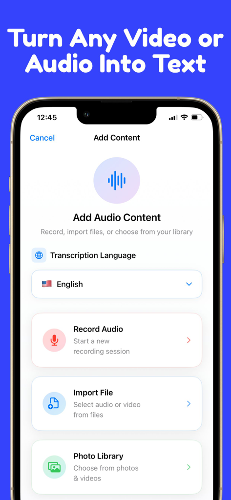 Transcribe Audio to Text: REVO - Mobile app interface showing options to record audio, import files, or select from the photo library for AI transcription into text.