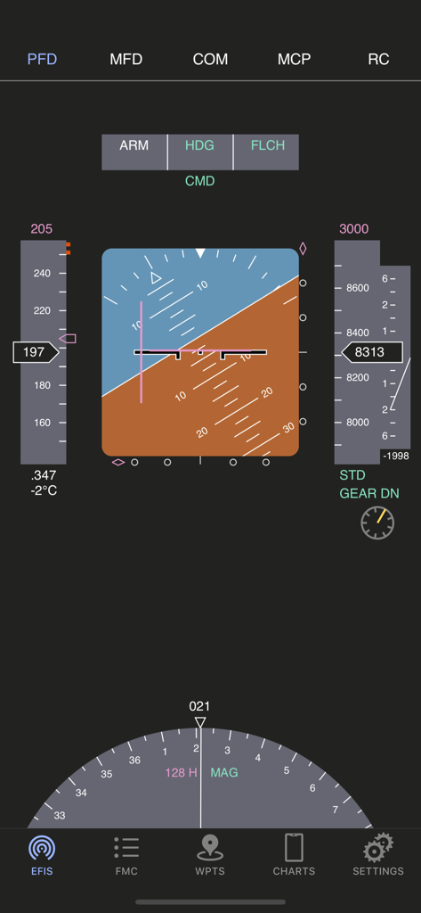 AirTrack Classic - Interface do Primary Flight Display do AirTrack Classic mostrando instrumentos de voo