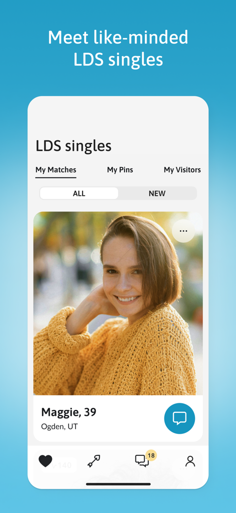 LDS Singles dating app interface showing a profile match