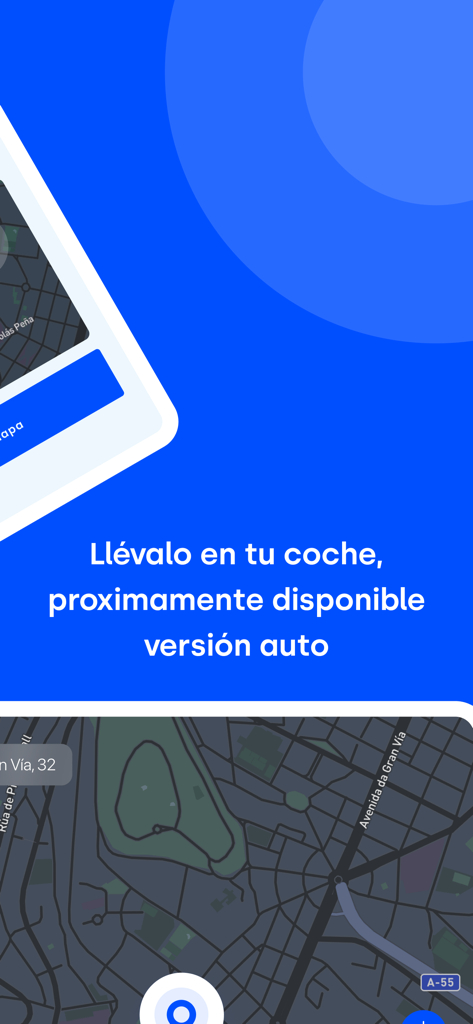 myIncidence - Pantalla móvil de la aplicación myIncidence que muestra un mapa de navegación y texto anunciando una próxima versión para automóviles en español