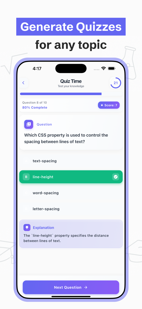 AI Homework Helper - ScanSolve - A mobile screenshot of the ScanSolve app showing a quiz interface with a multiple choice question about CSS and a correct answer explanation.