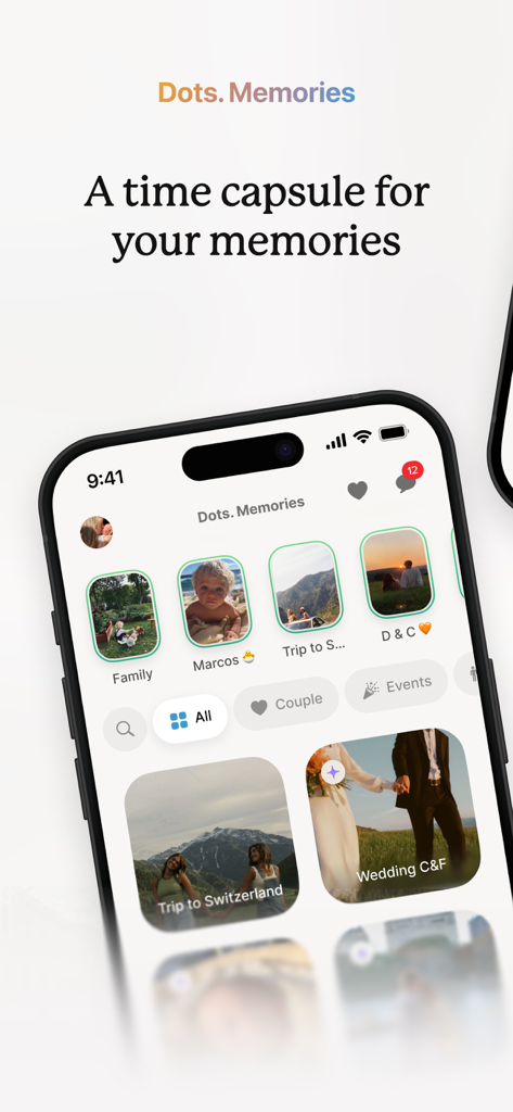 Dots Memories app interface showing organized private photo albums for family and travel events