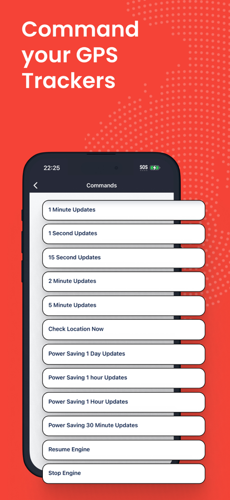 Pantalla de smartphone mostrando una lista de comandos remotos para rastreadores GPS, incluyendo intervalos de actualización y control del motor