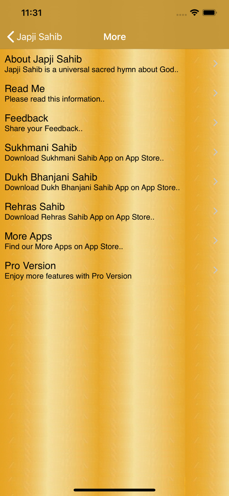 More menu screen in the Japji Sahib Path Audio app with additional features and links to other prayer apps