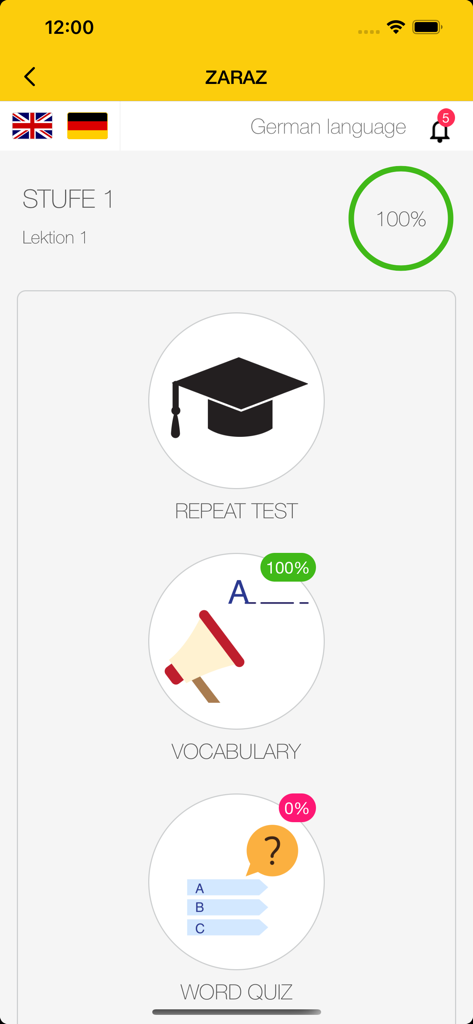 ZARAZ English and German - Interface of the ZARAZ app showing a German language lesson with options for repeat test, vocabulary, and word quiz.