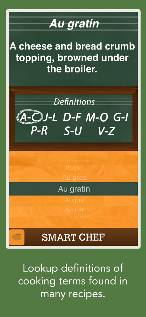 Smart Chef - Cooking Helper - Smart Chef app mostrando a definição culinária para Au gratin em uma interface estilo quadro negro