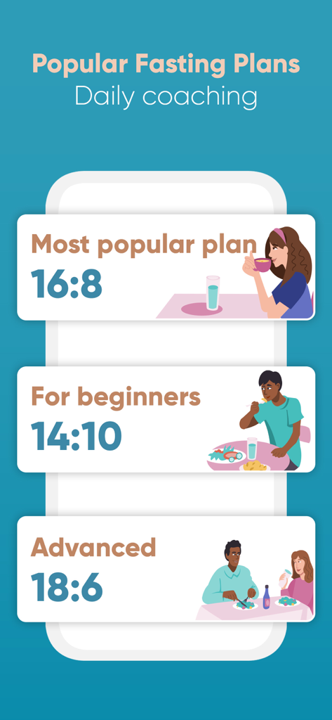 IF: Intermittent Fasting 16:8 - Popular intermittent fasting plans shown in the app including 16-8 for most users, 14-10 for beginners, and 18-6 for advanced users