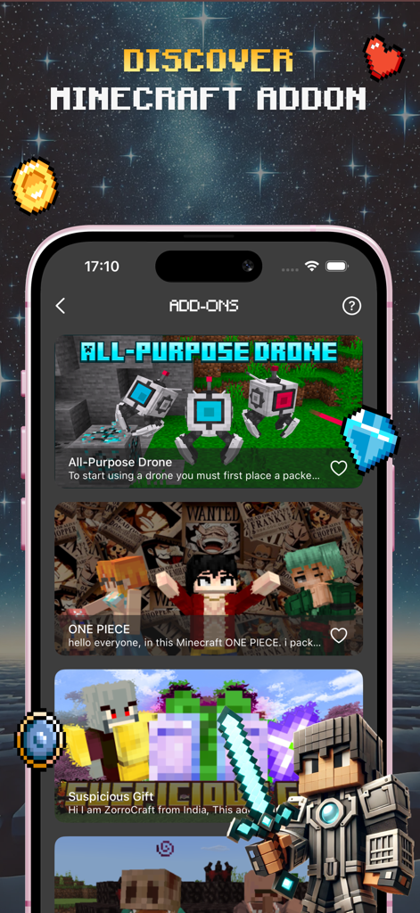All Mods For Minecraft - Pantalla de smartphone que muestra una variedad de complementos de Minecraft, incluidos drones y temas de anime, bajo el título Descubrir Complementos de Minecraft.