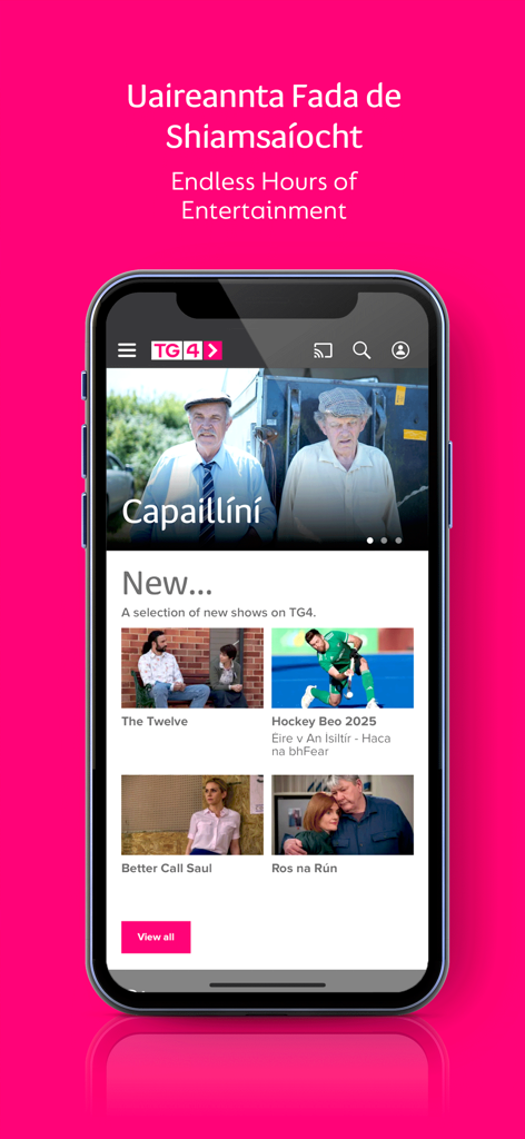 The home screen of the TG4 Player mobile app showcasing a variety of Irish language television programs and sports content.