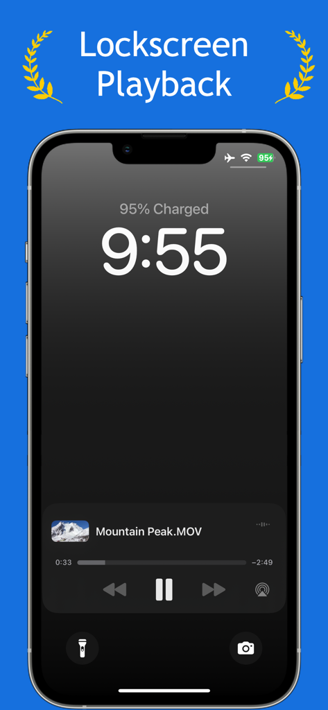 Floating Video and YouTube - Schermata di blocco di un iPhone che visualizza un widget di riproduzione video per un file chiamato Mountain Peak MOV.