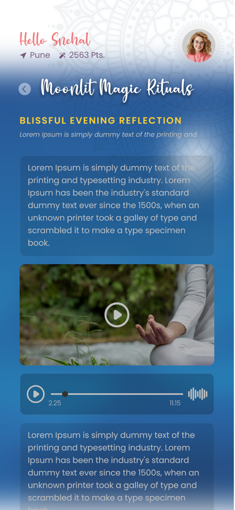 Good Vibes Within - A screenshot of the Moonlit Magic Rituals screen in the Good Vibes Within app featuring an evening meditation session with video and audio players