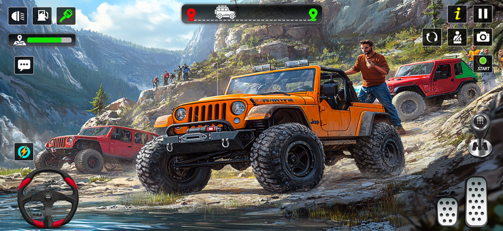Jeep laranja em um caminho rochoso de montanha com interface de jogo no simulador de carro Long Road Trip