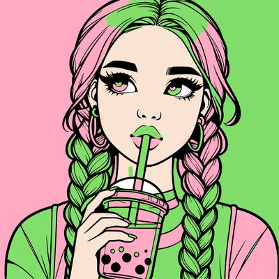 realistic girl with braided hair drinking boba